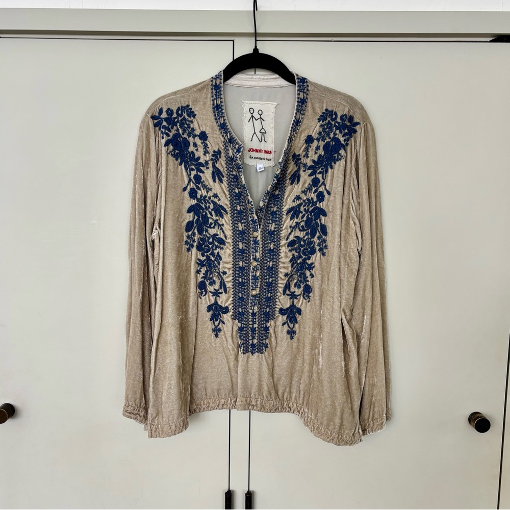 Johnny Was Cream Embellished Long Sleeve Blouse